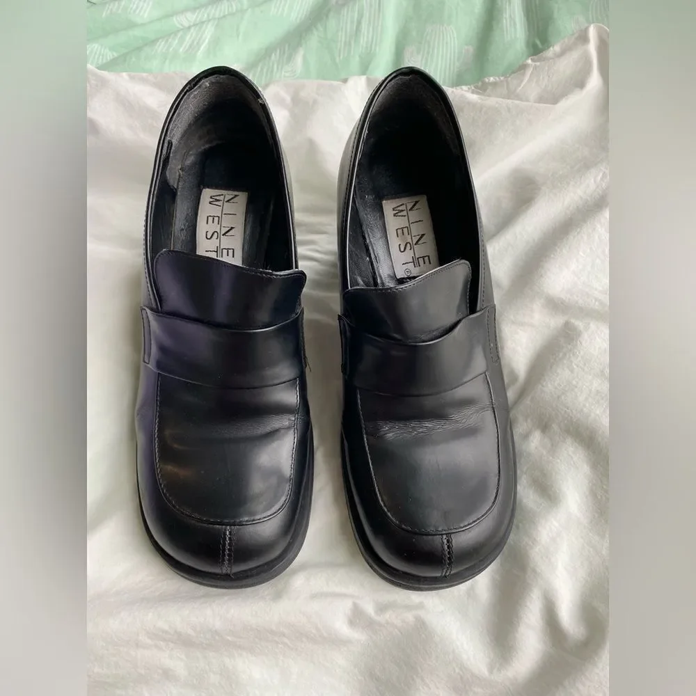 90s Heeled Loafer Black Leather Nine West Shoes - Picture 2 of 9